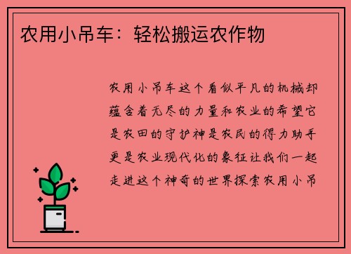 农用小吊车：轻松搬运农作物
