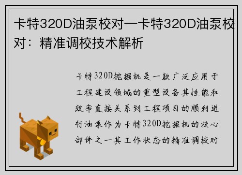卡特320D油泵校对—卡特320D油泵校对：精准调校技术解析