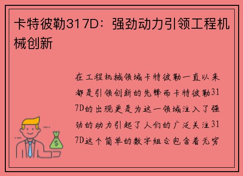 卡特彼勒317D：强劲动力引领工程机械创新