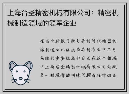 上海台圣精密机械有限公司：精密机械制造领域的领军企业