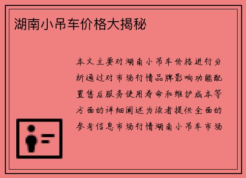 湖南小吊车价格大揭秘
