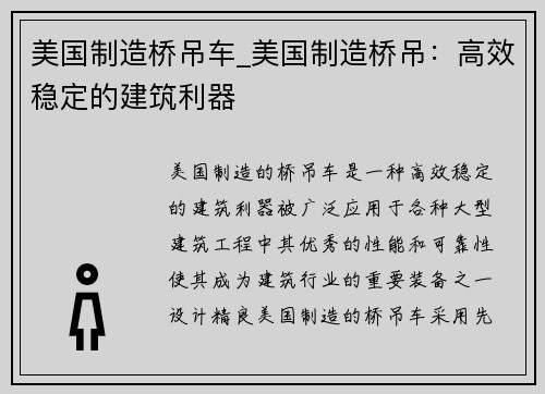 美国制造桥吊车_美国制造桥吊：高效稳定的建筑利器